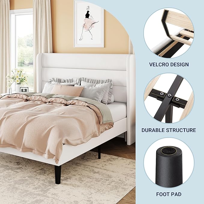 Allewie King Size Platform Bed Frame with Velvet Upholstered Wingback Headboard, No Box Spring Needed, Under Bed Storage Space, Strong Wooden Slats, Modern Mattress Foundation, Easy Assembly, White