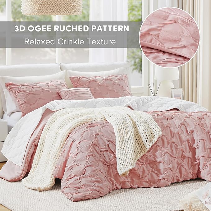 Comfort Spaces Twin/Twin XL Comforter Set for College Ogee Ruched Crinkle Texture Breathable Comforter Set Twin Dorm All Season Lightweight Bedding Set Shabby Chic Décor Pilow Pink 3 Piece