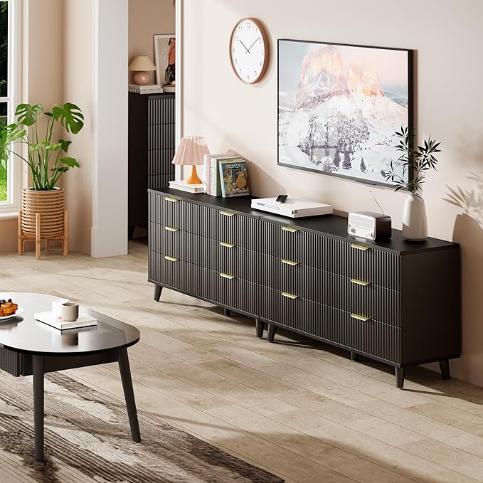 Lulive Black Dresser for Bedroom Wood Dressers Chest of Drawers, Fluted 53.2" Wide Modern Long Dresser TV Stand 6 Drawers for Bedroom, Closet, Living Room, Hallway