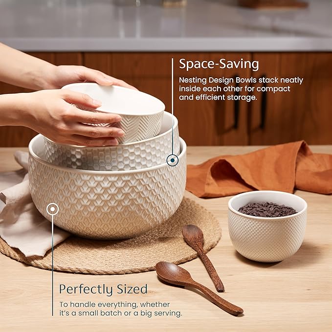 KooK Ceramic Mixing Bowls, Nesting Set of 4, Embossed Kitchen Dishware, Prep, Serving, Gift, Microwave and Dishwasher Safe, 20/44/98/145 oz, Narbonne Collection (Ivory)