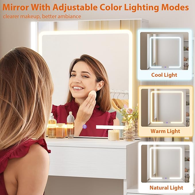 Senfot White Vanity Desk with Sliding Mirror and Lights, Modern Makeup Vanity Table with 4 Drawers and 7 Storage Shelves, Dressing Table with Stool and Charging Station, 3 Lighting Modes, for Bedroom