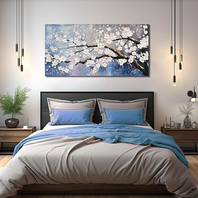 White Flowers Hand Painted Wall Art For Office Women Blue Wall Decor For Bedroom Aesthetic Family Wall Decor For Living Room Size 24 x 47 Inch