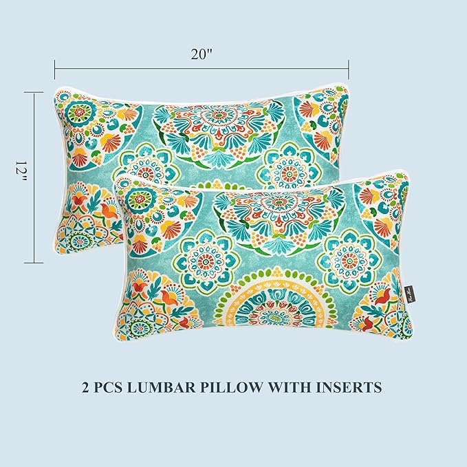 FUNHOME Set of 2 Outdoor Pillows for Patio Furniture, 12”x20” Water-Repellent Fade Resistant Outdoor Lumbar Pillow with Insert, Decorative Garden Pillows for Home Patio Coach Sofa Use-Cyan Circle
