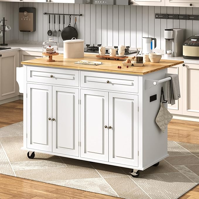 59" W Rolling Kitchen Island with Drop Leaf – Movable Kitchen Carts on Wheels Island with Storage Cabinet, Island Table for Kitchen with Rubber Wood Top and Rack and Drawers, Matte, White