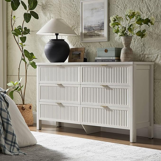 Fluted 6 Drawers Dresser for Bedroom, 55 Inch Wide Modern Wood Chest of Drawers, Mid Century Chests Drawer Clothing Organizer for Hallway (White)