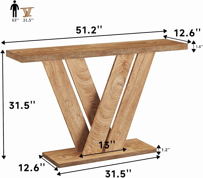 karlott 51 Inch Console Table, Farmhouse Entryway Table with V-Shaped, Wood Sofa Table Behind Couch Table, Narrow Entryway Accent Table for Living Room, Hallway, Entrance, Foyer, Brown