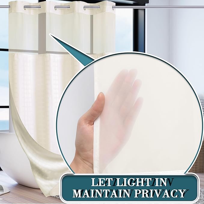 Conbo Mio Stall No Hook Shower Curtain with Snap in Liner Set, Hotel Luxury Beige Shower Curtains for Bathroom with See Through Top Window, Waterproof, Washable 54W x 74H