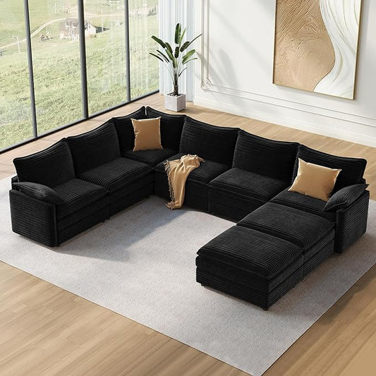 Vesgantti Large Modular Sectional Sofa, Big Comfy Cloud Couch with Ottoman Deep Seat Corduroy Cloud Sofa, 8 Seater Large Sectional Couches for Living Room, Bedroom and Apartment, Black