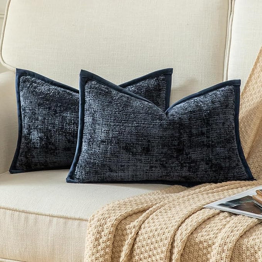 Yaertun Pack of 2 Chenille Textured Decorative Throw Pillow Covers Accent Solid Cushion Cover Soft Cozy Pillow Case with Velvet Back for Couch Sofa Bed Living Room 12x20 Inch Dark Blue