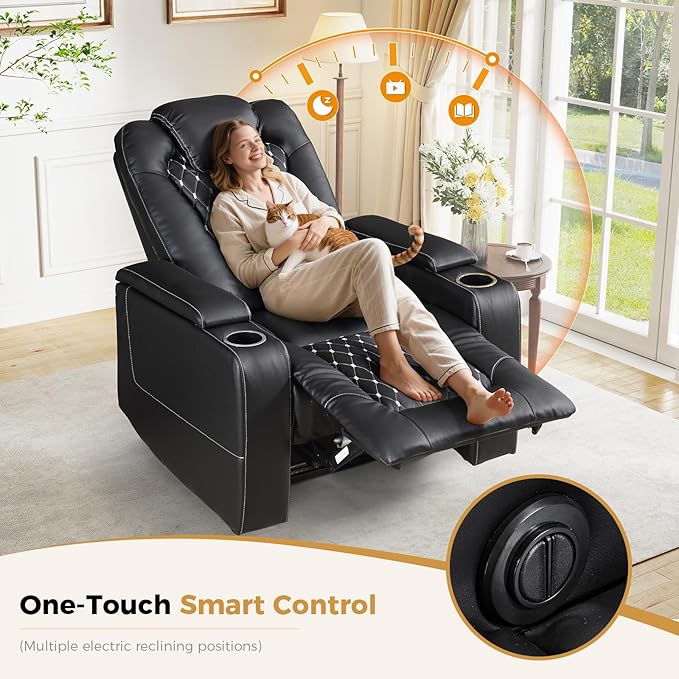 ANJ Power Recliner Chair with USB Ports and Cup Holders - Overstuffed Electric Home Theater Seating PU Leather Reclining Furniture with Hidden Arm Storage, Easy to Clean (Black)