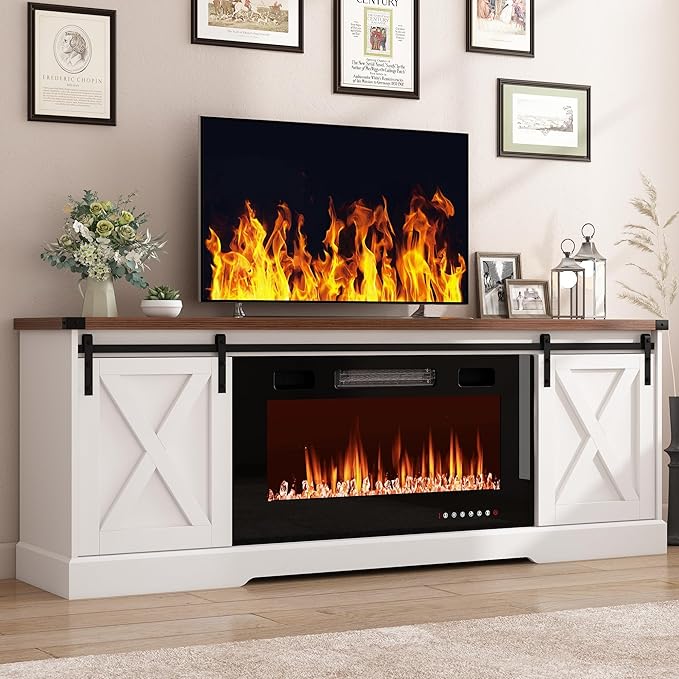 Farmhouse Fireplace TV Stand for 70/75/80 Inch TV, 70 inch Entertainment Center Storage Cabinets with 36”Electric Fireplace and Sliding Barn Doors, Media Console Cabinet for Living Room, White