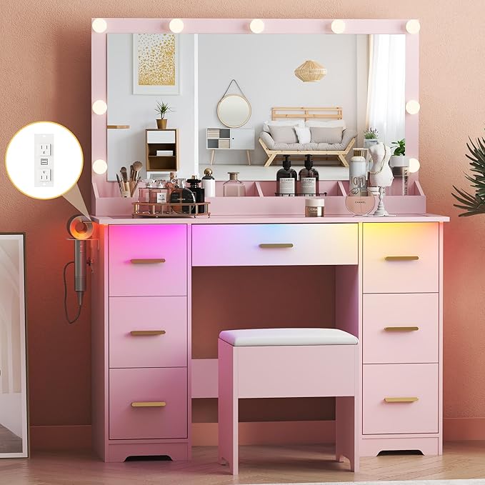 Makeup Vanity Desk with Large Lighted Mirror and Lights, Glass Top Vanity Table Set with 7 Drawers, Power Outlet & Storage Stool, Dressing Table with RGB Ambient Light for Women Girls Bedroom, Pink