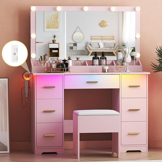 Makeup Vanity Desk with Large Lighted Mirror and Lights, Glass Top Vanity Table Set with 7 Drawers, Power Outlet & Storage Stool, Dressing Table with RGB Ambient Light for Women Girls Bedroom, Pink