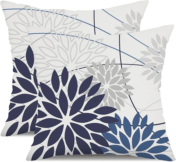 Blue Flower Pillow Covers 20x20 Inch Set of 2 Dark and Light Blue Colored Pillow Farmhouse Outdoor Waterproof Decor for Patio Funiture Garden Summer Floral Polyester Square Cushion Cover 01D20