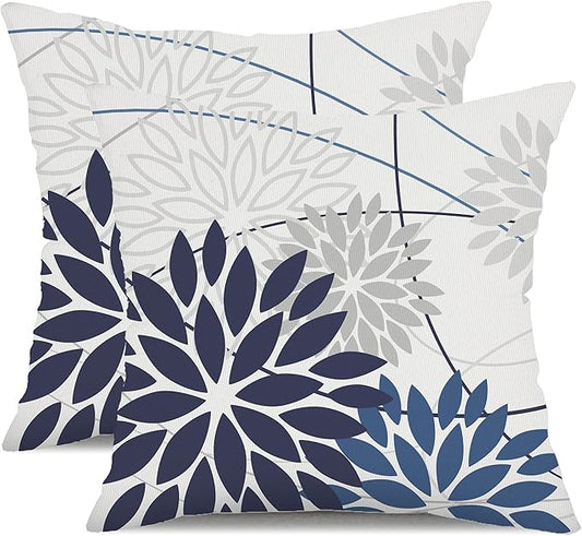 Blue Flower Pillow Covers 20x20 Inch Set of 2 Dark and Light Blue Colored Pillow Farmhouse Outdoor Waterproof Decor for Patio Funiture Garden Summer Floral Polyester Square Cushion Cover 01D20