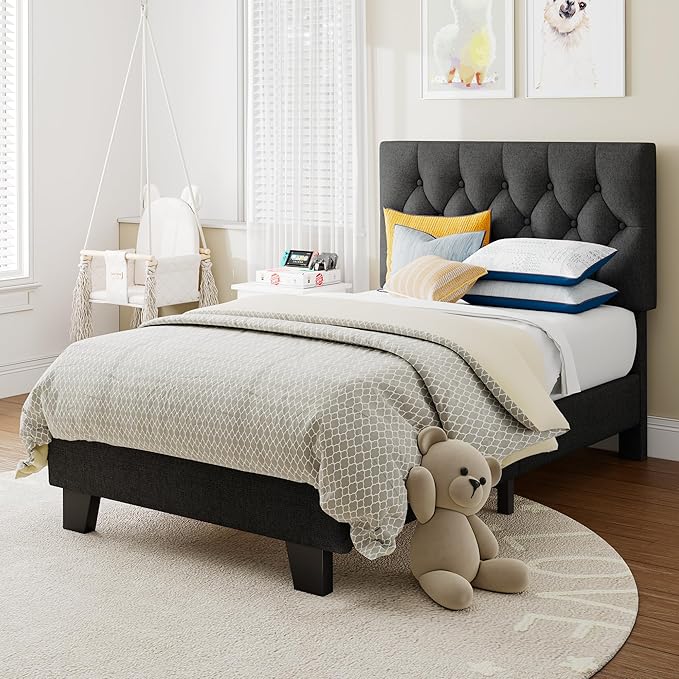 Twin Upholstered Bed Frame with Headboard, Button Tufted Linen Bed Base, Platform Bed with Wood Slat, Heavy Duty, Easy Assembly, No Box Spring Needed, Dark Gray