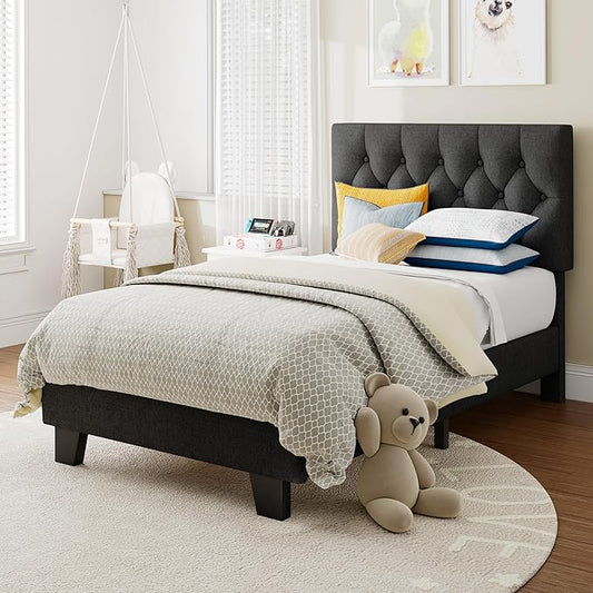 Twin Upholstered Bed Frame with Headboard, Button Tufted Linen Bed Base, Platform Bed with Wood Slat, Heavy Duty, Easy Assembly, No Box Spring Needed, Dark Gray