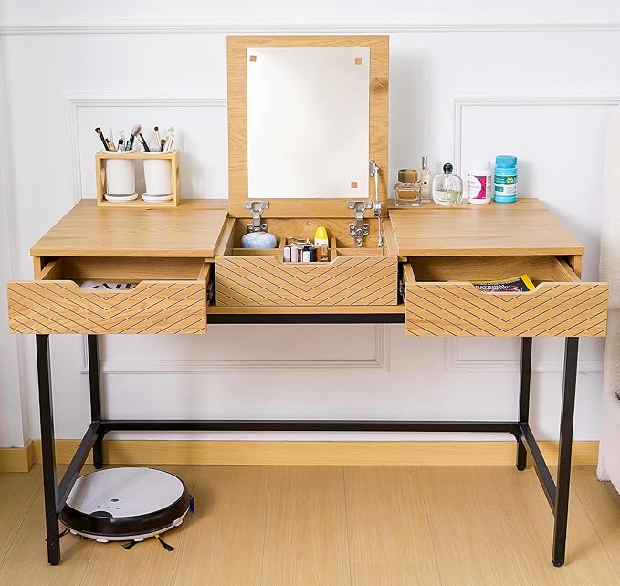 TEKAMON 47" Makeup Vanity Desk with Mirror，Girls Vanity Dressing Table for Bedroom, Home Office/Computer Desk with 2 Drawers, Study Desk with Cable Management, Natural Wood