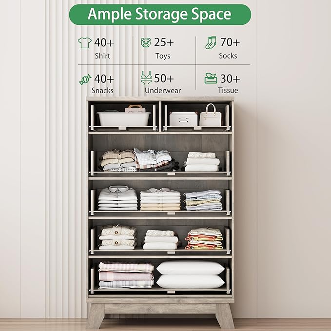 Fluted Dresser for Bedroom with 6 Drawers, 46" Tall Modern Chest of Drawers with Metal Handle, Wooden Dresser TV Stand, Wood Closet Clothes Storage Organizer for Living Room, Hallway, Grey