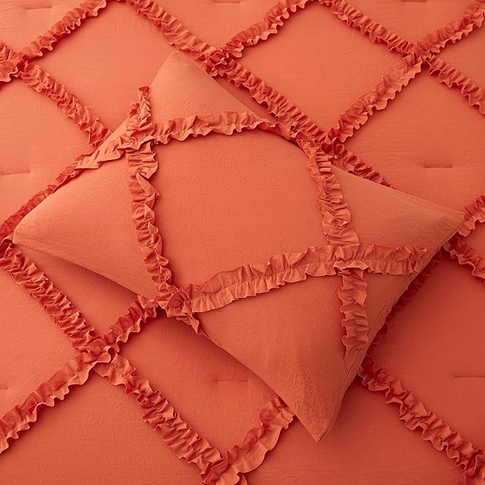 Bonlino Queen Comforter Set Soft Bedding - 3 Pcs Tufted Decor Fluffy Comforter Boho Bed in a Bag with Cute Lightweight Pillowcase for Dorm Farmhouse Bedroom Luxury Gift(Orange)