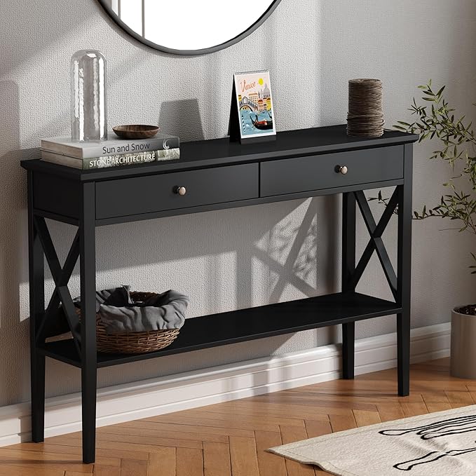 ChooChoo 47" Console Table with Drawers, Narrow Wood Accent Sofa Table Entryway Table with Storage Shelf for Entryway, Front Hall, Hallway, Living Room, Black