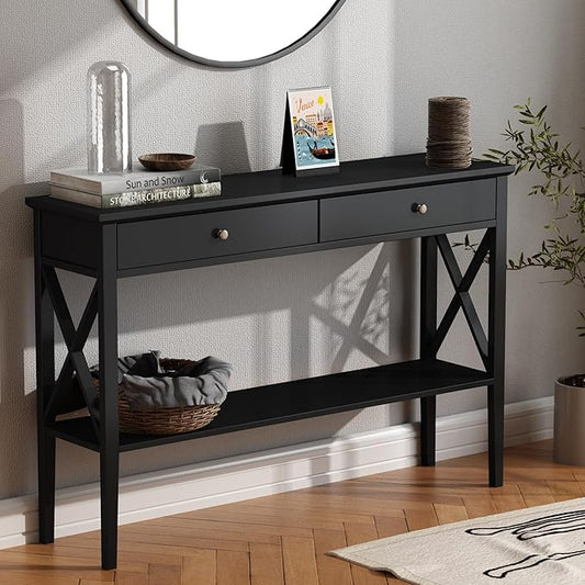 ChooChoo 47" Console Table with Drawers, Narrow Wood Accent Sofa Table Entryway Table with Storage Shelf for Entryway, Front Hall, Hallway, Living Room, Black