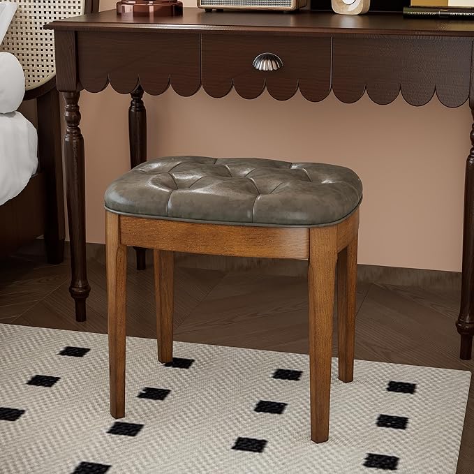 Solid Wood Button Tufted Vanity Stool, Ottoman with Wood Legs & Padded Seat PU Leather Upholstered Piano Bench with Non-Slip Foot Pads Accent Stool for Bedroom Entryway, Grey