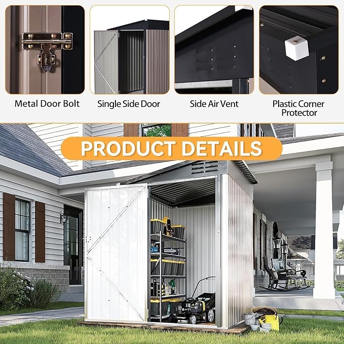 Aoxun 4x6 FT Lean to Shed Garden Metal Storage Shed with Lockable Doors Outdoor Bike Shed for Backyard, Patio, Poolside (Brown)