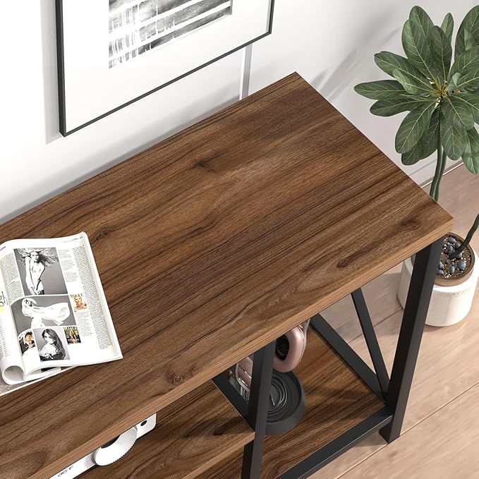 FOLUBAN Modern Entertainment Center for TVs up to 55 Inch, Rustic Wood Television Stands, Industrial TV Console and TV Cabinet for Living Room Bedroom, 47 Inch Rustic Walnut