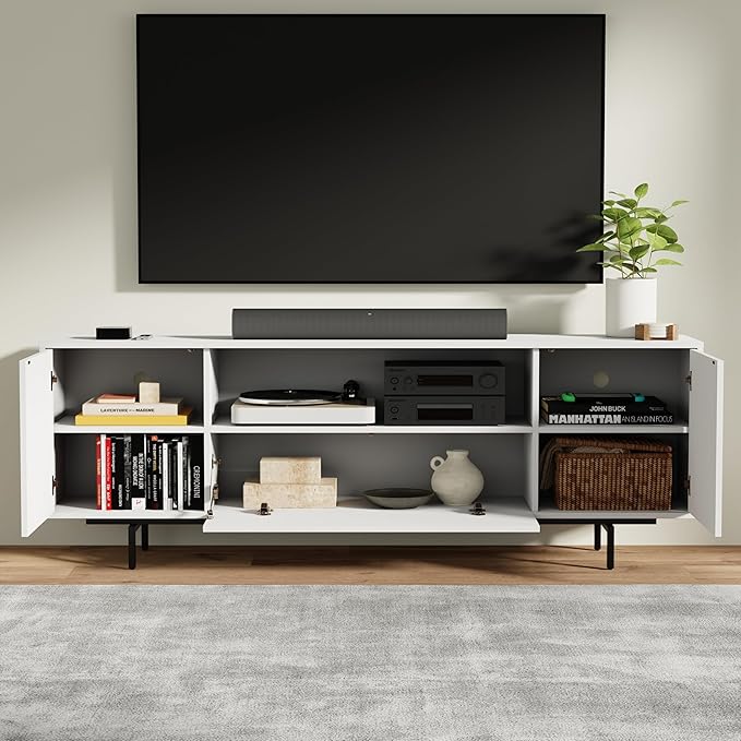 Norrhaus 75-Inch Modern TV Stand – White Finish, 26-Inch Height, No Tools Assembly Technology, Storage Cabinets with Center Channel Speaker Shelf, Mid-Century Modern Design