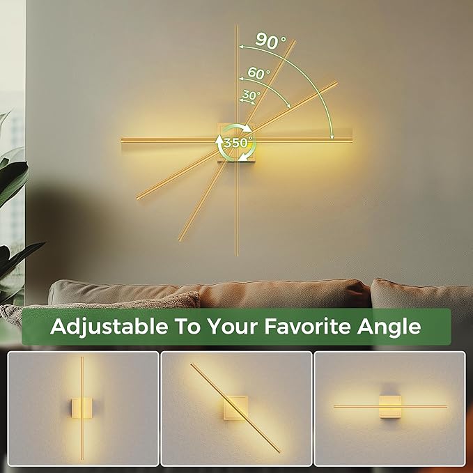 DORESshop Battery Operated Wall Sconces Set of Two with Remote Control, Rechargeable Wall Sconce, 350°Rotate Dimmable Wireless Wall Sconce for Living Room, Hallway, Bedroom, 23.7 Inch, Gold(2 Pack)