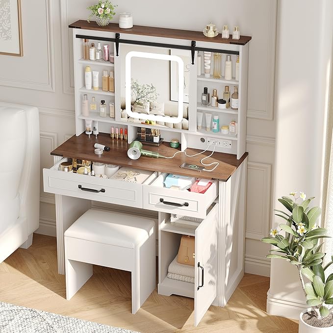 Farmhouse Makeup Vanity Desk with Sliding Mirror and Lights and Charging Station, White Vanity with Shelves and Drawers and Storage Cabinet, Make Up Vanity Desk with Cushioned Stool for Bedroom
