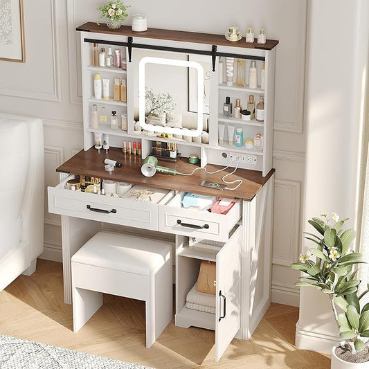 Farmhouse Makeup Vanity Desk with Sliding Mirror and Lights and Charging Station, White Vanity with Shelves and Drawers and Storage Cabinet, Make Up Vanity Desk with Cushioned Stool for Bedroom