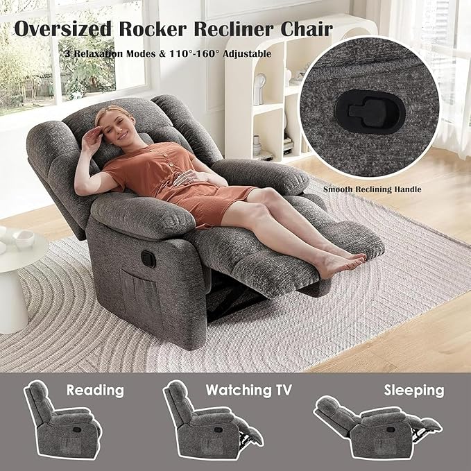 Recliner Chair with Side Pockets, Living Room Power Reclining Lounge Chair for Adults, Small Spaces Comfy Sofa with Theater Seating for Bedroom, Gray