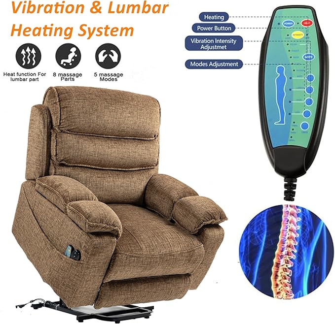 Power Lift Chair with Heat and Massage for Elderly Big Man 400lb, 27in Extra Wide Lay Flat Recliner with Hidden Cup Holders, Infinite Position Lifting Recliners for Seniors, Extended Footrest