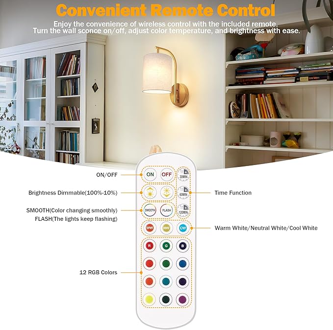 Battery Operated Wall Sconce Set of 2, Gold Rechargeable Dimmable Wall Light Fixture Remote, 12 RGB Colors & Timer, Wireless Lamp Linen Shade