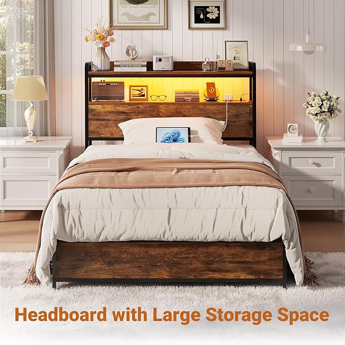 Aheaplus Headboard for Twin Size Bed Frame, Headboards with Outlets, USB Ports and LED Light, Head Board with Storage, Height Adjustable, Sturdy and Stable Headboard, Twin Size, Rustic Brown