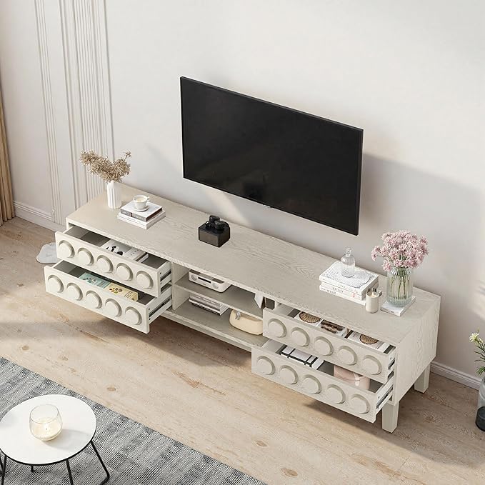 70" Modern TV Stand, Entertainment Center for Tvs up to 75", Unique Circular Design, TV Media Console with 4 Drawer & Open Storage for Living Room (White)
