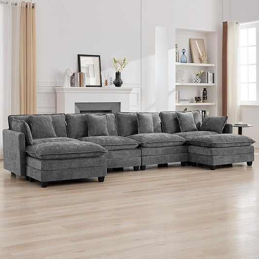 147'' Sectional Cloud Deep Seat Couch, Oversized Chenille U Shaped Sectional Sofa for Living Room Set, Comfy Upholstered Modular Sectional Sofa Couch with Movable Ottoman, Grey