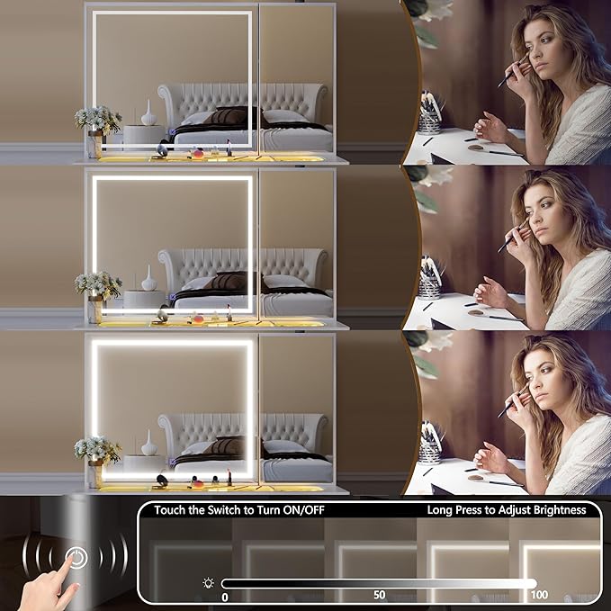 Extra Large Vanity Desk with Lighted Mirror, 47" Makeup Vanity with Glass Top, Black Vanity Table with 9 Drawers, Tall Vanity with Crystal Knobs for Bedroom (Minimalist Style)