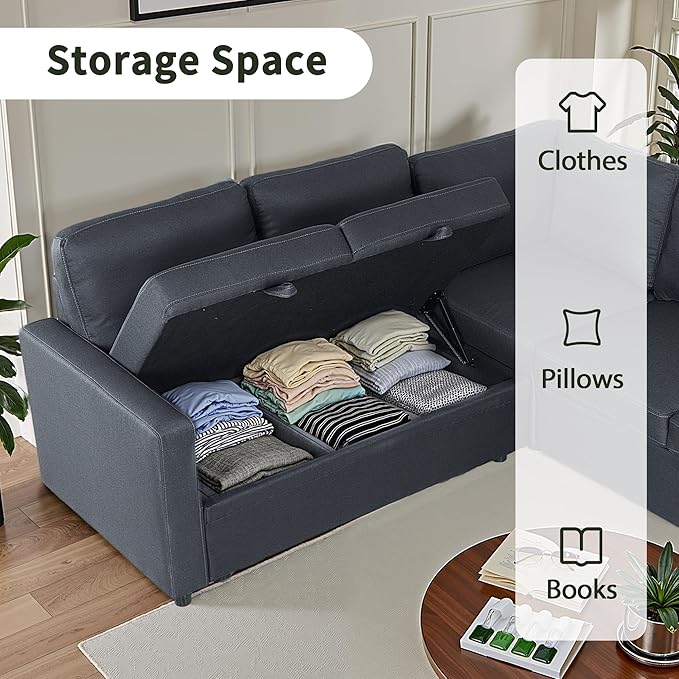 83" Pull Out Sleeper Couch with Storage Chaise, Couch, Sofa Bed, Convertible L Shaped Sofa for Living Room, Apartment, Black Grey