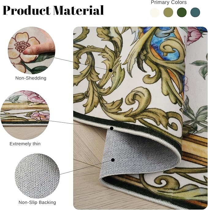 Runner Rug for Kitchen 2'x6' Washable Rugs with Rubber Backing Non Slip Soft Floral Peacock Animal Carpet Runner for Kitchen, Laundry, Bedroom, Bathroom (Beige)