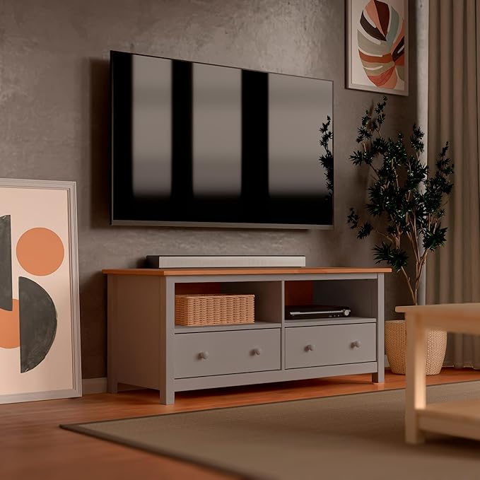 Handcrafted Solid Oak TV Stand Entertainment Center - Elegant Gray/Pine Media Console with Spacious Storage Drawers & Open Shelves - Sturdy Wood Cabinet Fits TVs up to 55 Inches