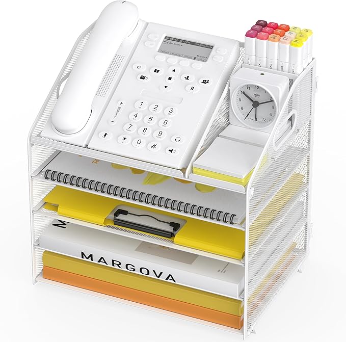 Letter Tray Paper, 5 Tier Desk Organizer with Pen Holder and Handle, Mesh File Organizer Paper Sorter Metal Desktop Document Shelf for Office Home Classroom - White
