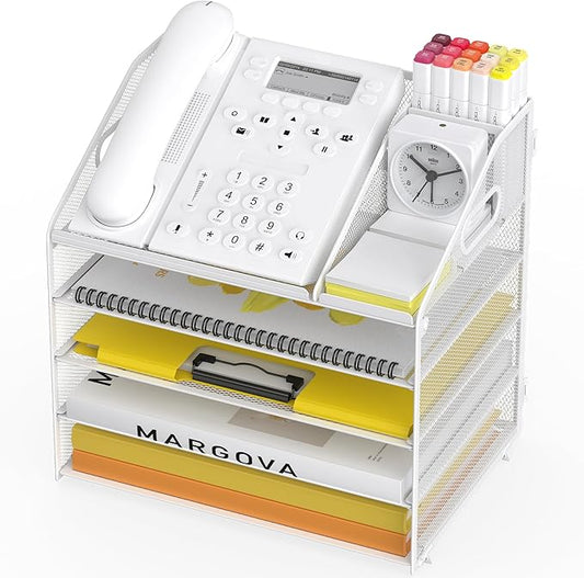 Letter Tray Paper, 5 Tier Desk Organizer with Pen Holder and Handle, Mesh File Organizer Paper Sorter Metal Desktop Document Shelf for Office Home Classroom - White