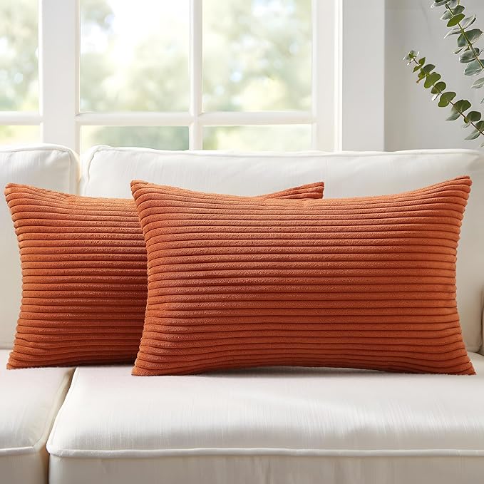 Mecatny Corduroy Decorative Fall Throw Pillow Covers 12x20 Set of 2 for Sofa Living Room, Soft Burnt Orange Neutral Boho Couch Pillow Covers for Home Decor, Rust