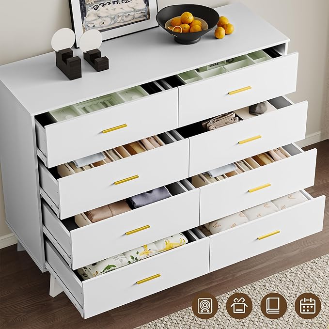 Dresser for Bedroom with 8-Drawer, 37" Tall Modern Chest of Drawers with Metal Handles, X-Shape Base & Adjustable Center Leg, Anti-Tip Closet Organizers and Storage