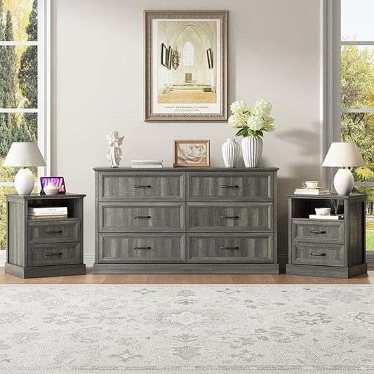 CARPETNAL Farmhouse Dresser and Nightstand Sets for Bedroom, 3 Pcs Bedroom Set, 6 Drawer Dresser & Nightstand Set of 2, Modern Wood Chest of Drawers for Bedroom, Living Room, Entryway, Grey