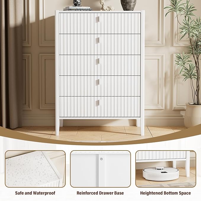 White 5 Drawer Dresser, 31.5" Wide White Modern Dresser with Fluted Front & Metal Handles for Bedroom, Living Room