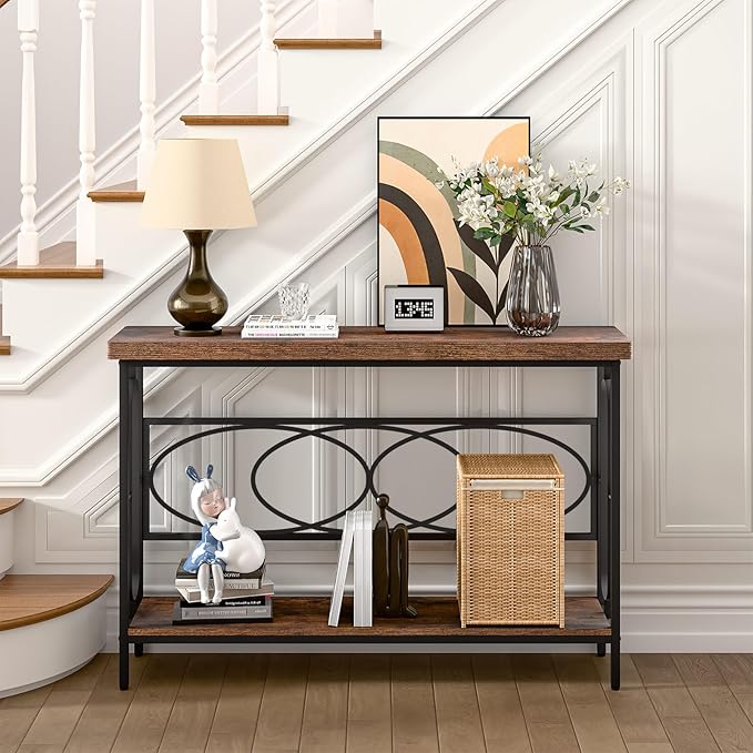 Industrial Console Table for Entryway, Rustic Console Table Behind Couch, 2 Tier Sofa Tables for Home Living Room, Hallway, Entrance, with Metal Frame(48 inches)